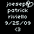 Pixelated text displays 'joseph patrick riviello' with date '9/25/09', heart symbol, and number '<3' on black background.