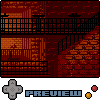 Pixel art scene of a brick building interior with metal railings and stairs, featuring a gray directional pad icon, blue 'PREVIEW' text, and two colored circular buttons on a light background.
