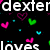Black background with white text fragments and scattered pixelated hearts in pink, green, and cyan, featuring repeated 'SIDNEY' and partial 'dexter' and 'omg' text.