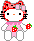 Pixelated Hello Kitty avatar with red bow, pink dress, and strawberry props in two poses against gray background.