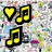 Pixelated image with four distinct sections featuring colored musical notes and hearts above text labels on a patterned background.