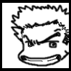 Six black-and-white cartoon head illustrations arranged in a , each showing variations of spiky hair and facial expressions with closed or squinted eyes