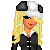 Pixel art of a blonde woman in black and white outfit holding a black bag with 'XX' logo, standing next to text reading 'Trendy'.
