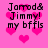 Pixelated pink background with scattered pink hearts and black text reading "Jared& Jimmy! my bffls" in four identical quadrants.