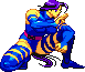 Pixel art character in blue and yellow striped outfit crouching with hands clasped, purple headband, and purple tail-like appendage against gray background.