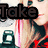 A pixelated image of a person with long hair, wearing a red and black outfit, with partial text overlays reading "Take" and "pic".