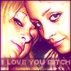 Two people in close-up pose with hands near faces, one person has light hair, text at bottom reads 'I LOVE YOU BITCH' in block letters.