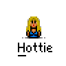A 4x4 contact sheet of a pixel art animated buddy icon showing a blonde woman in blue clothing with varying facial expressions and one frame containing text bubbles, all on a gray background.