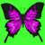 Five pixelated butterflies with purple and black wings on a bright green background, arranged in two with one empty space