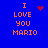 Blue background with orange pixelated text "I LOVE YOU MARIO" in four quadrants, each showing different animation states of a red heart or particle effect.