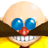 Pixelated character face with large blue eyes, red nose, and wide toothy grin wearing yellow top against gray background.