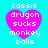 Four identical pixelated heart-shaped icons with cyan background and white text reading 'cassie drugen sucks monkey balls' displayed in a
