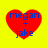 Four identical red heart-shaped icons with blue text 'megan + jake' on a yellow background, arranged in a