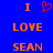 Blue background with orange text and a red pixelated heart symbol; the word 'LOVE' appears below two instances of 'I', followed by 'SEAN' at the bottom.