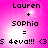 Pixelated text on a pink gradient background with four identical showing 'Lauren + SOPHia = S 4eva!!! <35 4eva!!! <3' in black font
