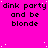 A static image with a bright pink background, white speckles resembling stars, and repeated black text reading "dink party and be blonde" in three