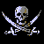 A split-screen pixel art icon with a pirate skull and crossbones on the left against black background, and green text "Original Icons .com" on the right against dark green background.