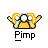 Animated pixel art buddy icon featuring a yellow character with green arms and orange hair, displaying two distinct frame states with visible text "Pimp" below the character.