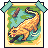 Pixel art of a tiger-like creature with orange and white stripes, open mouth showing teeth, and a curled tail, set against a green and blue background with a light border.