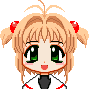 Pixel art contact sheet of a chibi-style anime character with blonde pigtails and red hair accessories across three expressions: smiling eyes, neutral face, and crying.