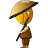 Animated character with conical straw hat, brown outfit, and long staff, shown in three sequential poses against gray background.