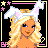 Pixel art contact sheet of an animated Easter-themed buddy icon featuring a blonde woman with bunny ears, text phrases, and a rabbit character in various frames.