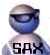 Blue cartoon character with dark glasses and 'SAX' text below, showing sequential animation frames of head turning left to right.