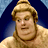 Pixelated static image of a character with light brown hair styled in an updo, wearing a dark collar against a blue background.