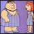 Pixelated cartoon image of two characters standing side-by-side against a purple background, one larger with brown hair and a choker necklace wearing a blue patterned shirt, the other smaller with red hair in a sleeveless dress.