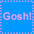 A blue background with repeated 'Gosh!' text in pink and dark purple, a pixelated overlay, and a lower-left portrait of a person with curly hair wearing glasses and a suit