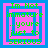 Four identical pixel-art display green text on pink and blue layered squares with a blue background