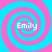 Four identical spiral patterns with alternating pink and cyan rings, each containing the text 'Emily' in white pixelated font.