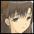 A 48x48 pixel buddy icon featuring a split composition with an anime-style character on the left and text elements on the right against a black background.