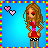 Pixelated character with long brown hair, red top, black-and-white polka-dot shorts, and brown shoes stands against blue background with two pink hearts.