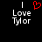 Two side-by-side pixelated text displays on black background, one with red heart symbol above 'Love Tylor', the other without.