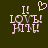 Pixelated pink text 'I! LOVE HIM!' on dark green background with a heart symbol above the exclamation mark in first frame.