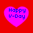 Four identical pink hearts on red background with blue text 'Happy V-Day' in pixelated font.