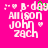 Pixelated pink background with white text reading "B-day" and names "Allison," "John," "Zach" in blocky font, featuring a green pixel cluster on the 'd' of "B-day."