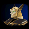 Animated sequence of a golden-skinned elf-like character with pointed ears and green eyes, wearing dark armor against a blue background.