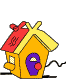 Yellow house with red roof and purple door, emitting white sparkles from the roof in a sequence of