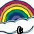 A pixelated rainbow arch spans the top half of a white background, with a black and gray abstract shape below it.