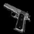 Static grayscale pixel art of a handgun on black background, rendered with dithering and anti-aliasing effects.