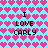 Pixelated icon with cyan background filled by repeating pink heart shapes, displaying text "I LOVE CARLY" in black block letters across multiple sections.