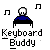 Pixelated character with white head and blue body sits at black desk, surrounded by musical notes on gray background beneath text "Keyboard Buddy".