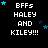 Pixelated text 'BFFs HALEY AND KILEY!!!' with blue stars on black background, animated star positions across frames.
