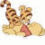 Pixelated cartoon tiger with brown stripes, pink nose, and curled tail lying on a white background.