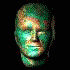 25 pixelated head views in teal and brown tones showing rotation from front to side angles with subtle expression shifts