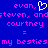 Blue background with pink pixelated text and a white heart symbol, displaying names and 'my besties' in two mirrored