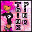 Pixelated character with pink hair and black shirt stands against pink-purple gradient background, text "THINK" in block letters to the right.