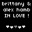 Pixelated text reads 'brittany & alex hamb IN LOVE !' with five heart symbols below, two versions of the same design side-by-side on black background.